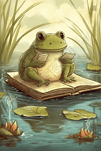 阅读书籍的青蛙创意插图图片