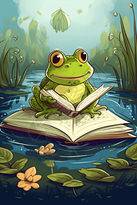 池塘中阅读书籍的青蛙图片
