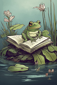 青蛙阅读的创意插图图片