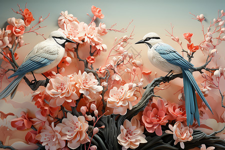 花卉和鸟类艺术的迷人插画背景图片