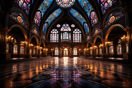 欧式教堂玻璃欧式建筑空间插画