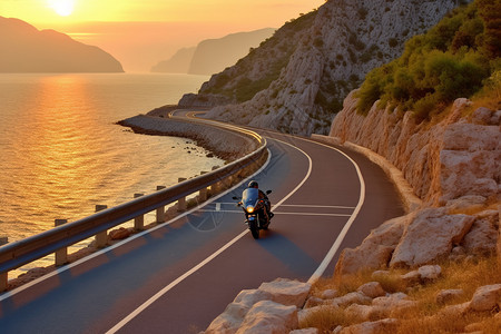 行驶的海边公路上的摩托车图片