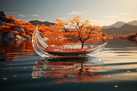 秋天湖面上的小船背景图片