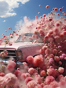 汽车驶过粉红色的鲜花背景图片