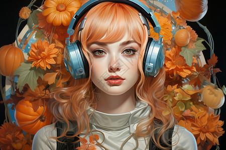 橙色鲜花一个机器美学风格的女孩插画