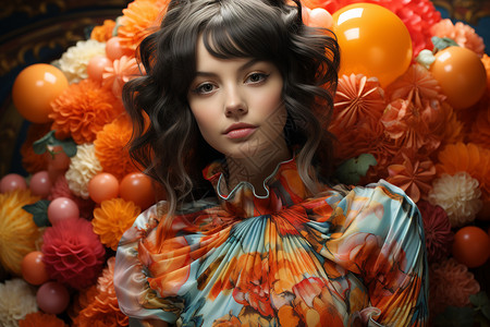 漂亮的橙色气球橙色色调的女人肖像背景