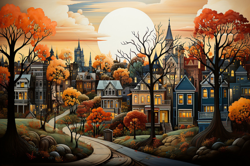 迷人的秋天色彩的城市图片