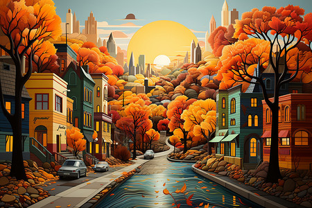 街景特写秋天充满活力的城市插画