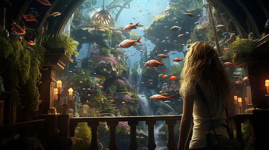 水族馆中的女孩背景图片