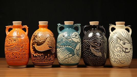 线条鱼民族风格水墨画彩陶瓶背景