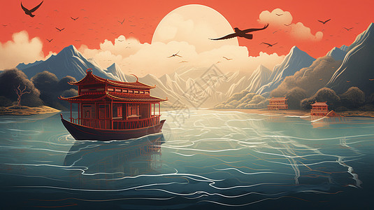 红色的船在湖中背景图片