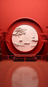 红色产品拍摄中式圆形产品展台背景