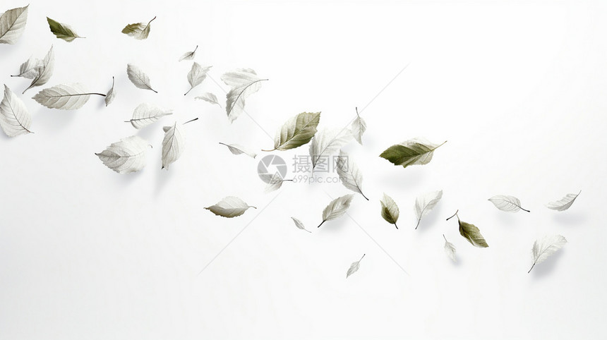 纯白色背景树叶飞舞图片