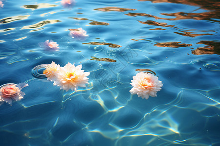 蓝色水面上的花背景图片