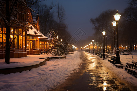 夜晚下雪的街道背景图片