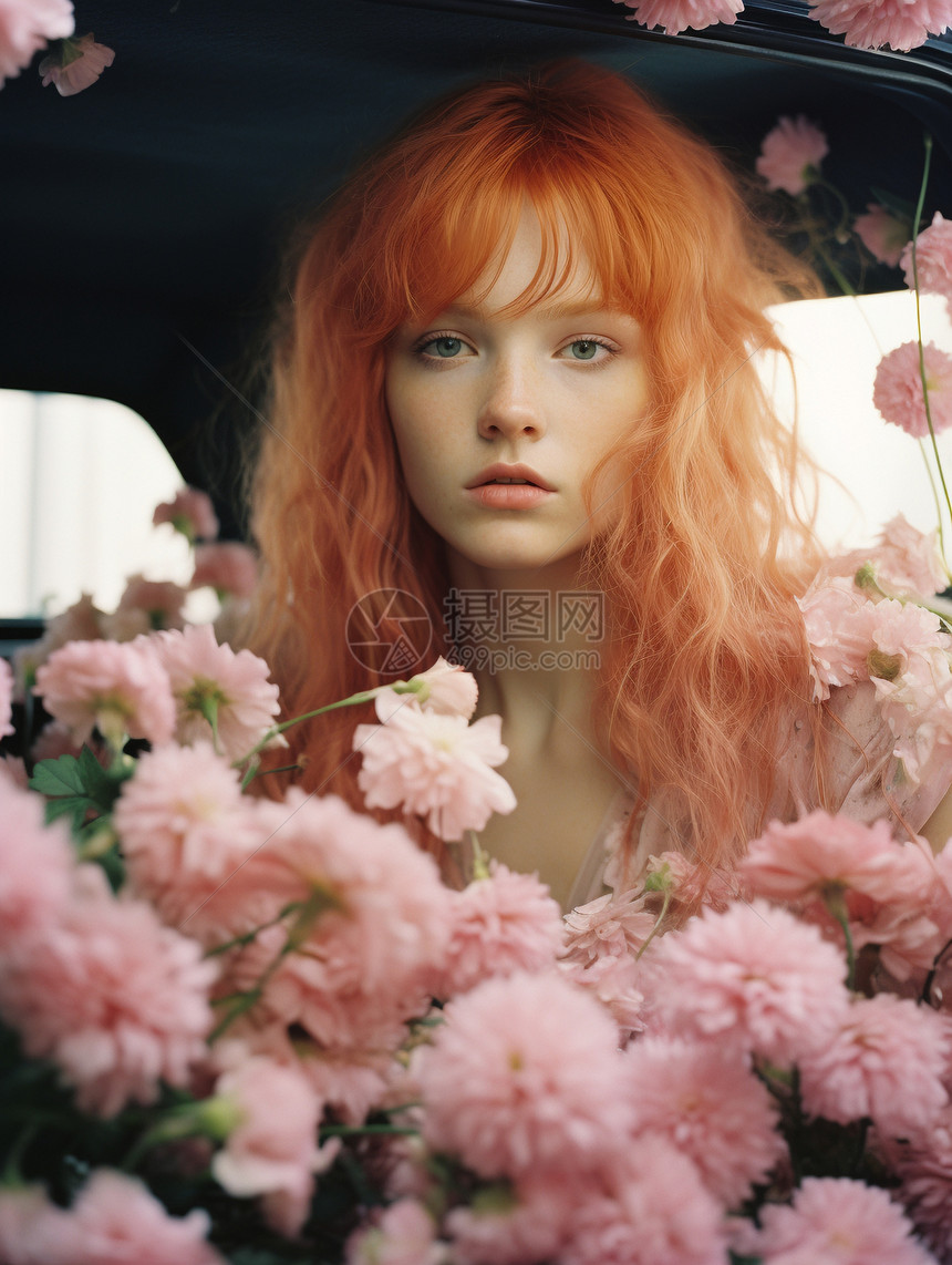 粉色头发的女孩在装满鲜花的汽车中图片