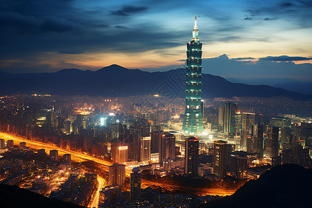 台北101夜景明亮高耸的建筑背景