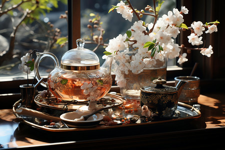 散落花瓣的茶室背景图片