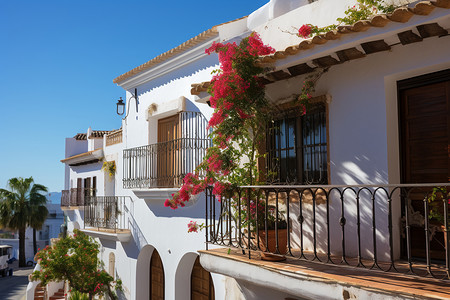 白色城镇悠闲的地中海建筑阳台背景