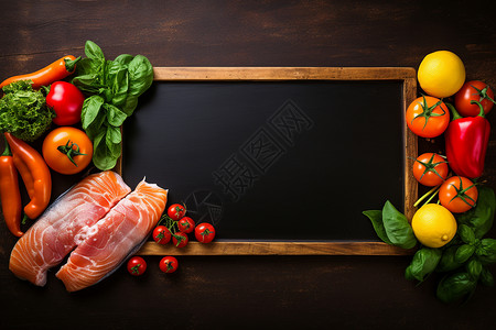 蔬菜三文鱼黑板背景图片