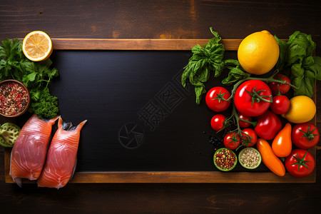 黑板上的蔬菜和三文鱼背景图片