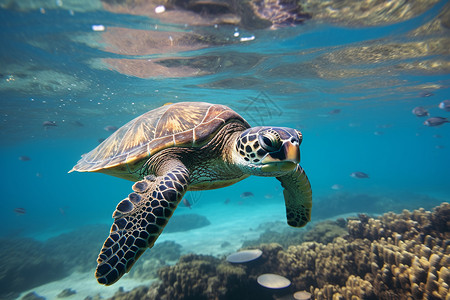 清澈海水中游行的海龟图片