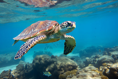 深海珊瑚礁深海中的海龟背景