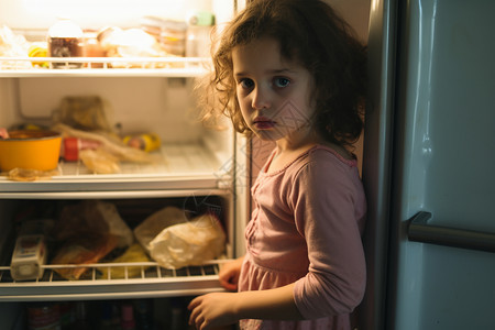 冰箱中寻找食物的小女孩背景图片