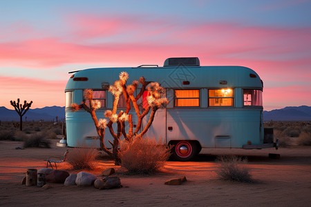 沙漠中的露营车背景图片