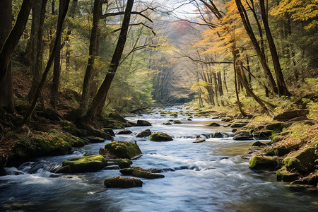 秋天森林溪流的美丽景观图片