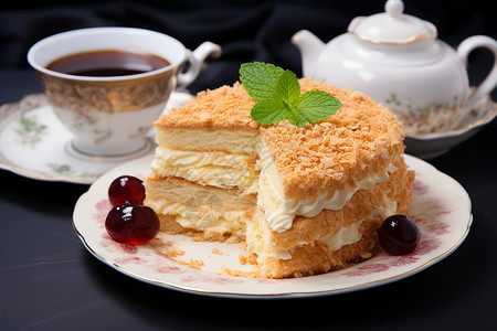 餐盘中的奶油拿破仑蛋糕图片
