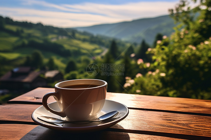 乡村背景木桌上的咖啡图片