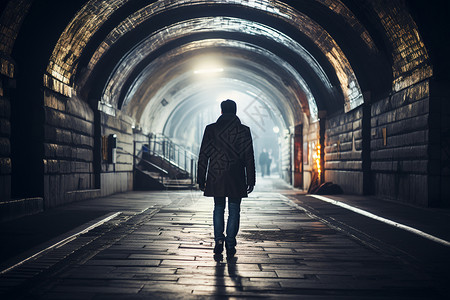 地铁通道里独自行走的神秘男人背影图片