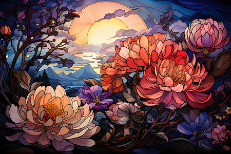 夕阳远景盛开的花和远景插画
