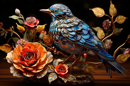 玻璃鸟花朵和鸟背景