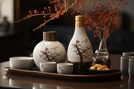 中国传统文化的陶瓷雕花酒具背景图片