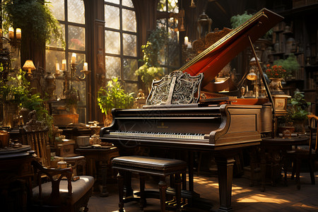 阳光明媚的钢琴室场景图片