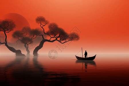 泛舟在橙色海面上背景图片