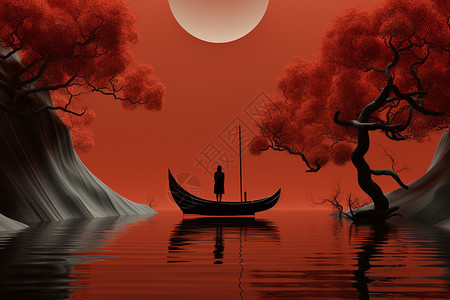 站在水中的人一人泛舟在宁静湖面插画