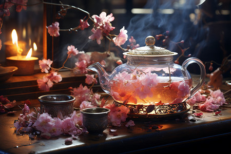 琉璃茶具一壶桃花花茶背景
