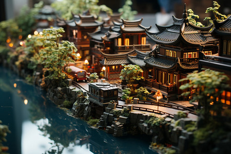 流水古镇江南小镇小桥流水微雕3D模型设计图片