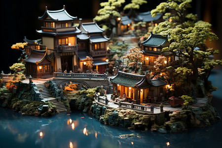 江南小镇小桥流水模型背景图片