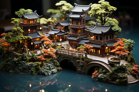 江南小桥微雕的中国园林开发商模型设计图片