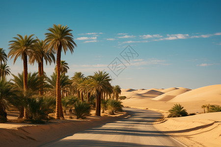 沙漠棕榈树道路背景图片
