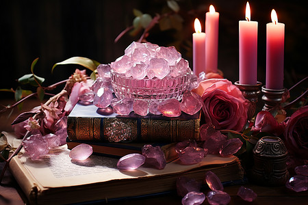 粉色蜡烛和紫色水晶图片