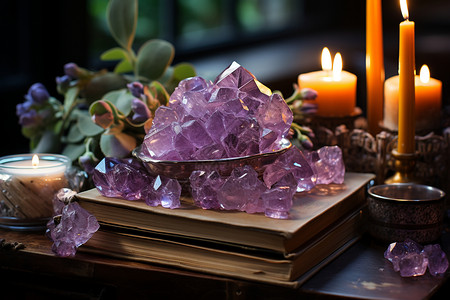 燃烧的蜡烛复古书籍搭配着紫水晶图片