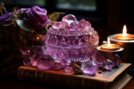 占卜素材神奇的紫水晶和烛台背景