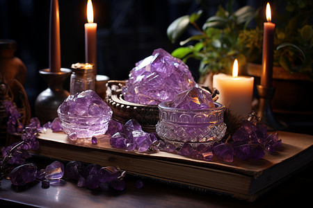 聚集贵气化煞挡灾的紫水晶和烛台背景图片