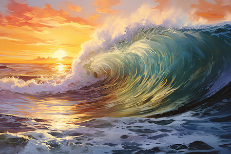 美丽的落日海浪图片