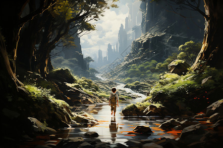 山涧小溪在山间探索的男孩插画